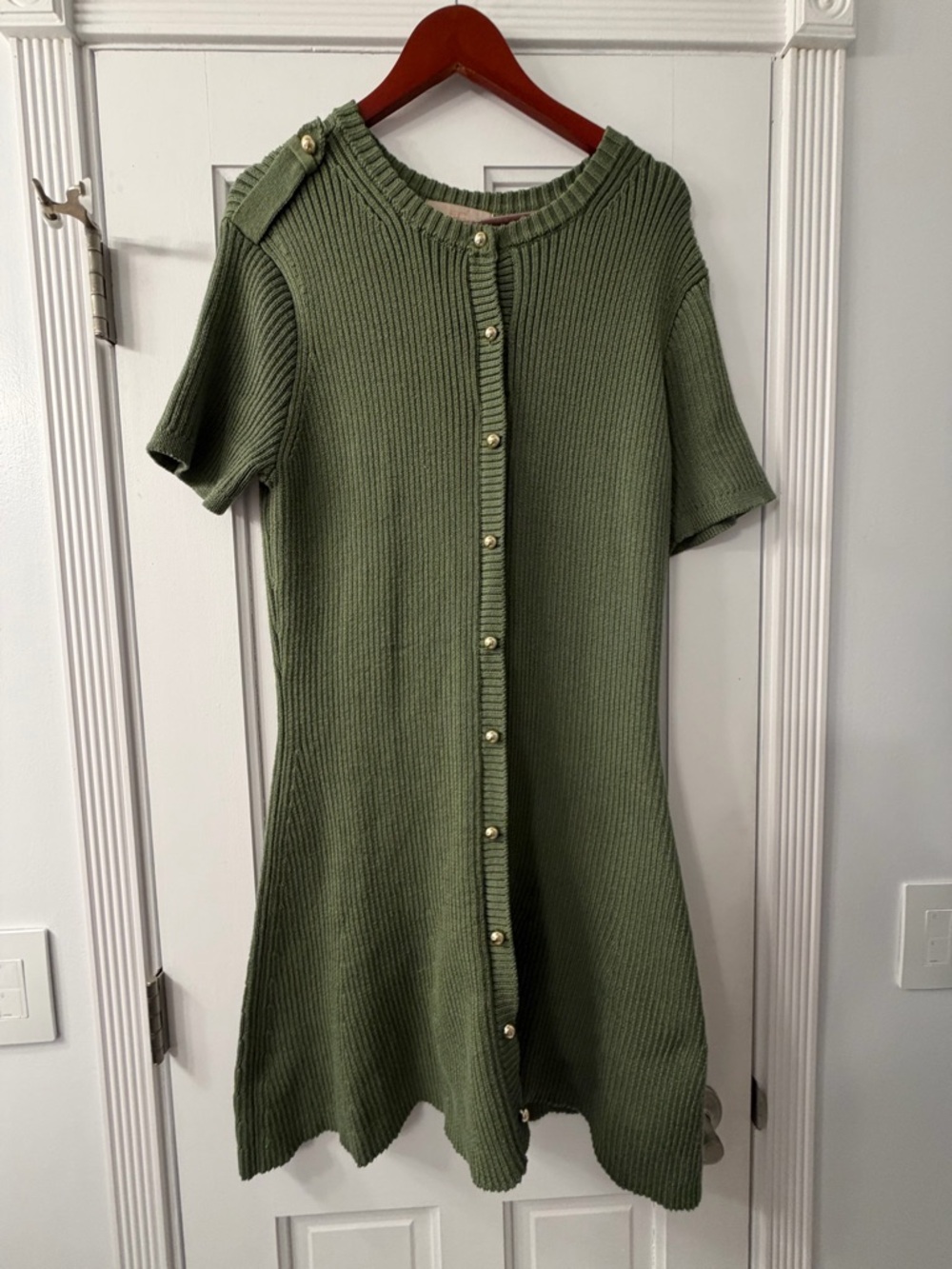 French Connection Olive Green Ribbed Knit Top with Gold Buttons